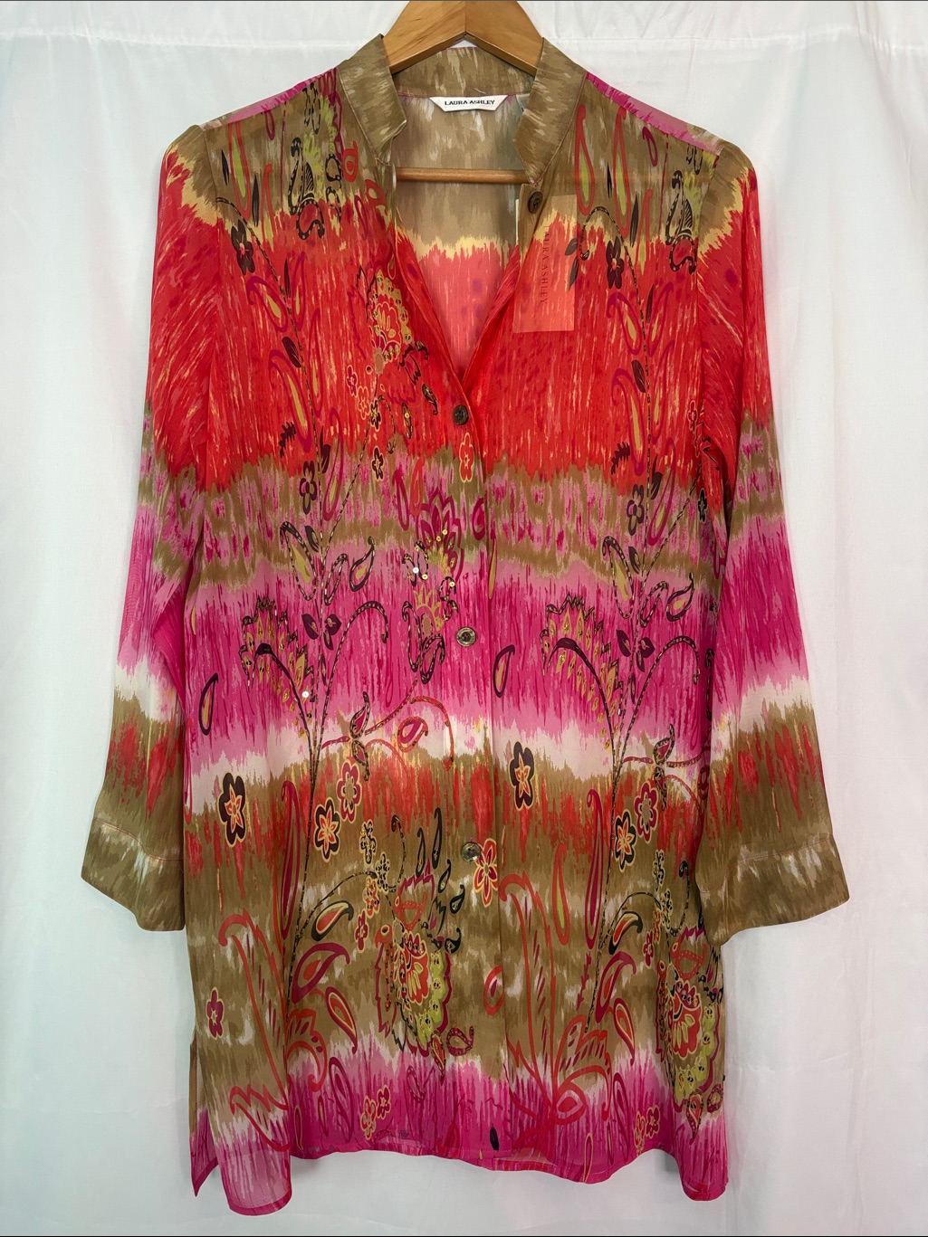 Laura Ashley Silk Pink & Olive Floral-Print 3/4 Sleeve Tunic Blouse Size S
